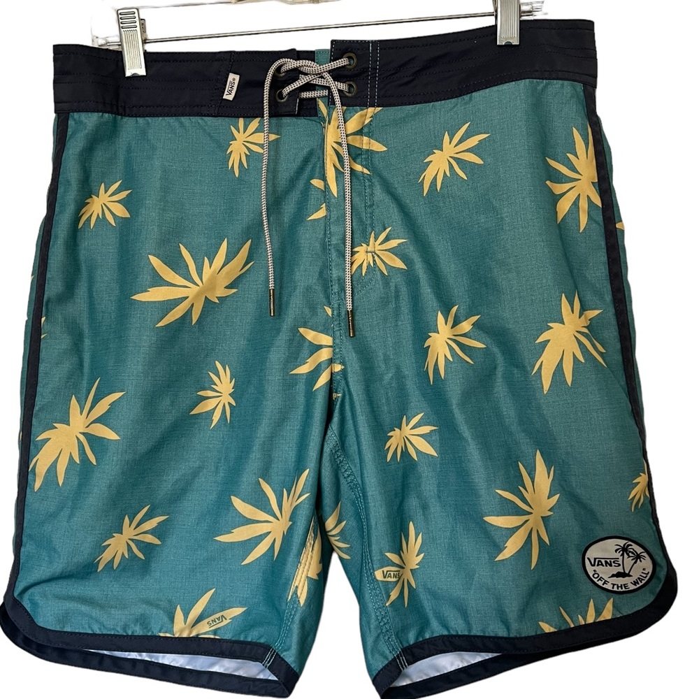 Vans board shorts size 32. Heather green, back button pockets, inseam approx 9”